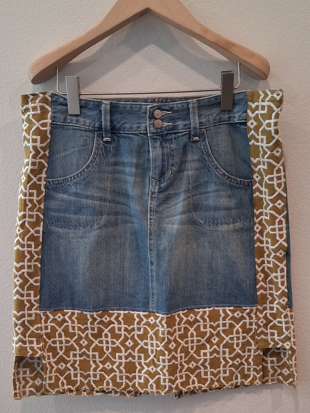 Upcycled Old Navy Denim Skirt with Frayed Olive White Patterned Panels